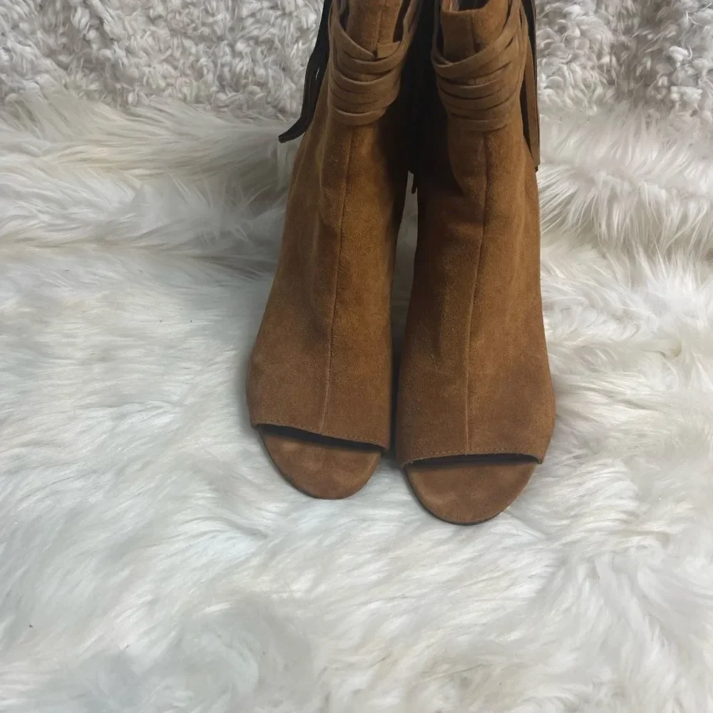 Nine West leather suede Brown Fringe ankle Boots Peep toe back zipper SZ9.5M